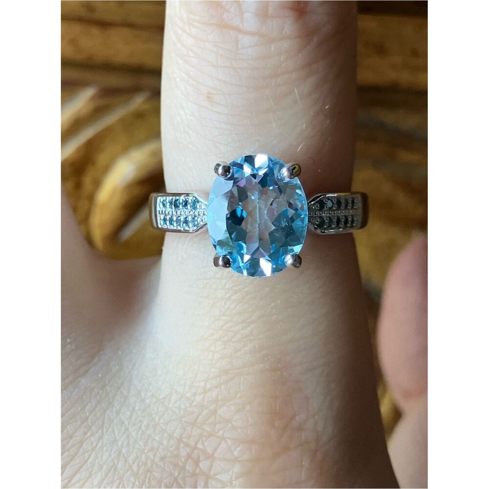 Natural Sky Blue Topaz Blue Diamond Sterling Silver Ring Size 8.75